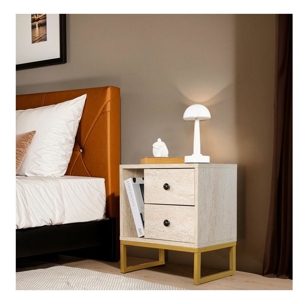 Noční stolek Glimarolla (travertin + zlatá)