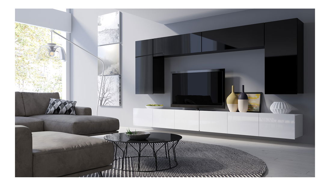 Obývací stěna Calabria C13 (Černý lesk + bílý lesk) (bez osvětlení)
