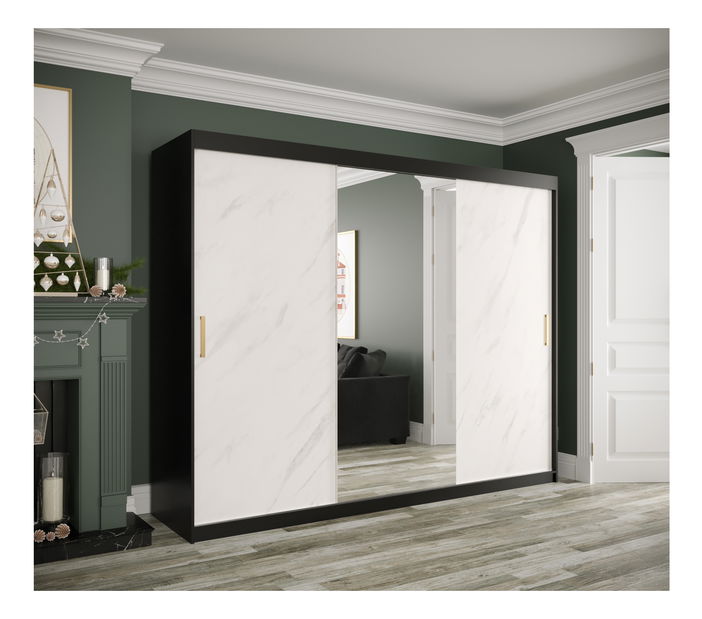 Šatní skříň 250 cm Marbelo T1 (matná černá + bílý mramor)