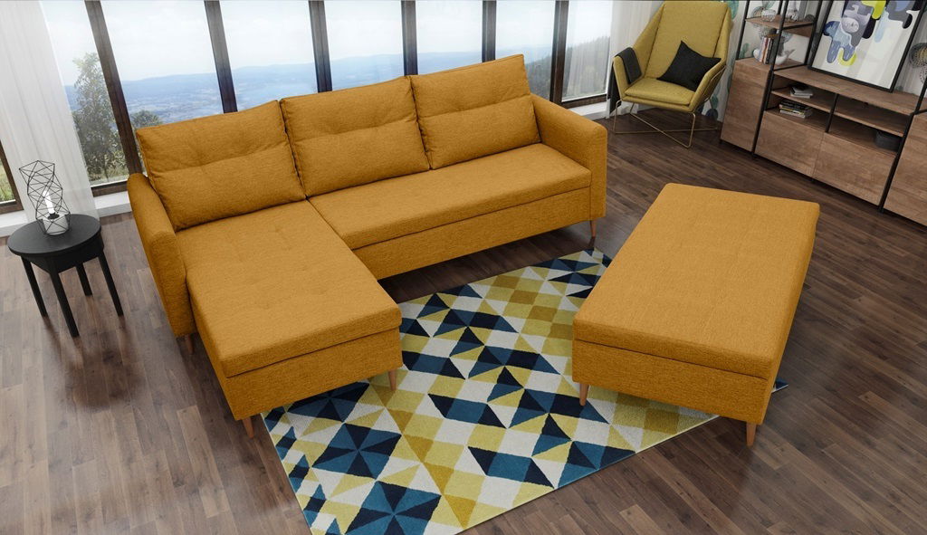 Rohová sedací souprava Aurelio (hořčicová) (s taburetkou) (L)