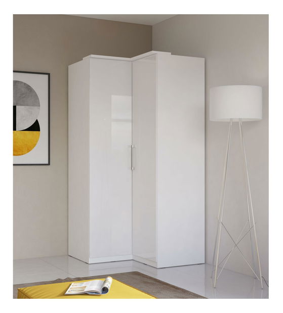 Rohová šatní skříň Centaury Typ 16 (bílá + bílý lesk) *výprodej