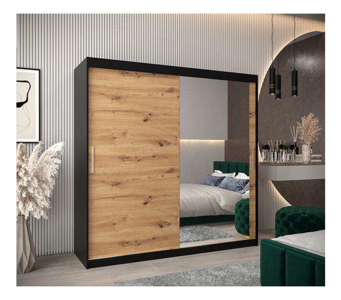 Šatní skříň 200 cm Toki 2 (Černá matná + Dub artisan)