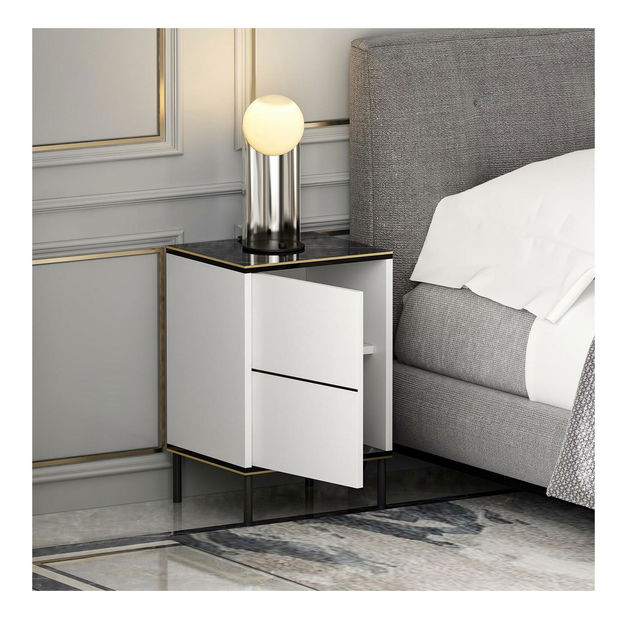 Noční stolek Iris (bílá + černá + zlatá)