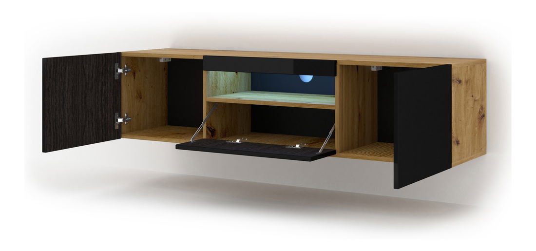 TV stolek/skříňka Aurora (dub artisan + černá) (LED)