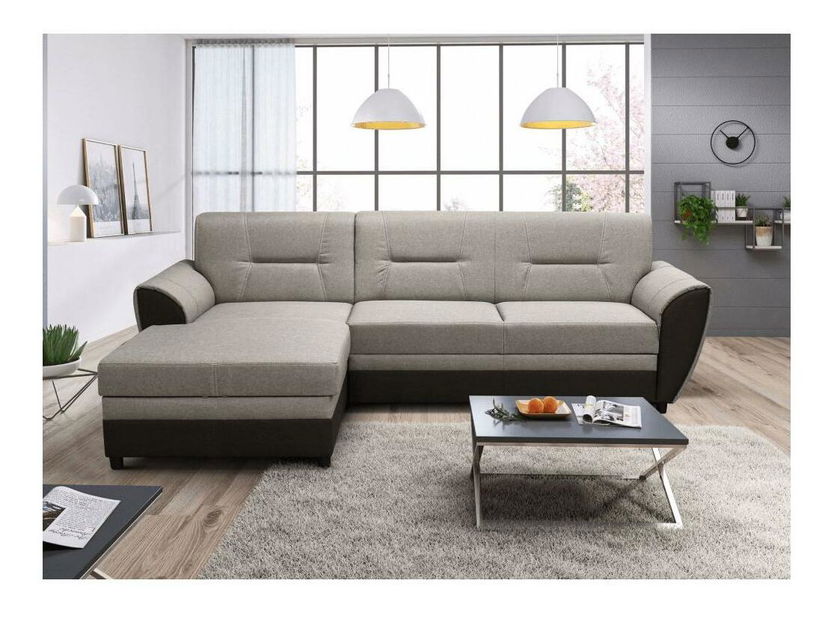 Rozkládací rohová sedačka Sovard (hnědá + béžovošedá) (s úložným prostorem) (L)
