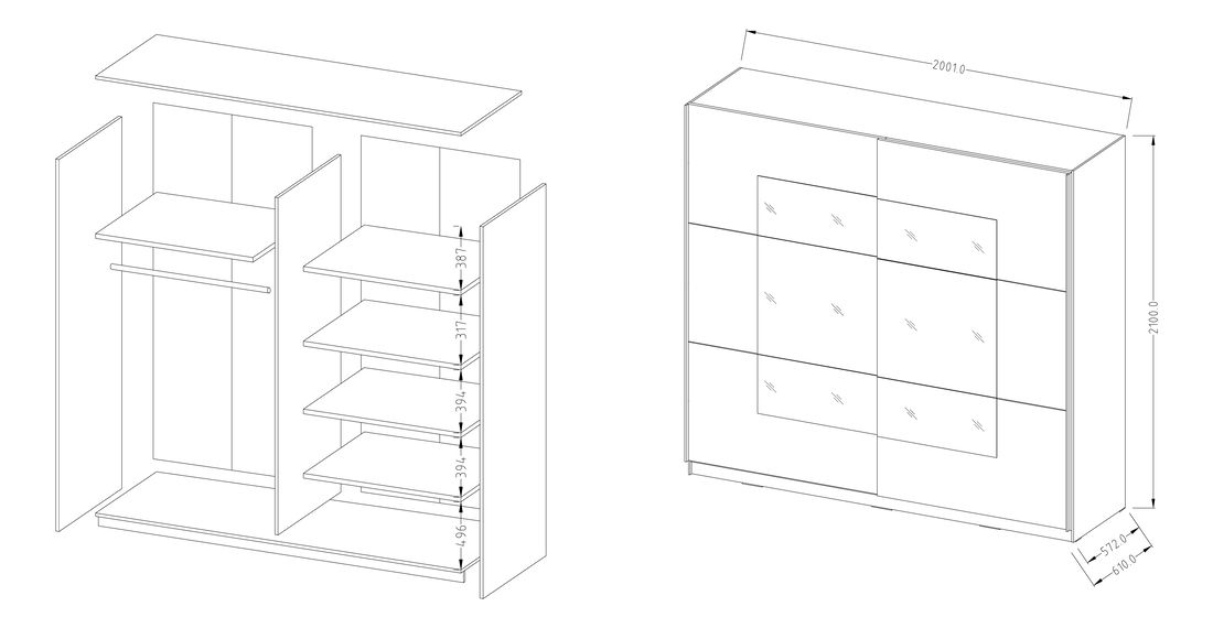 Šatní skříň Benson Typ 57 (san remo světlý + bílá + zrcadlo)
