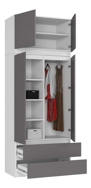 Šatní skříň Submarino (bílá + grafitová) (s nástavbou)