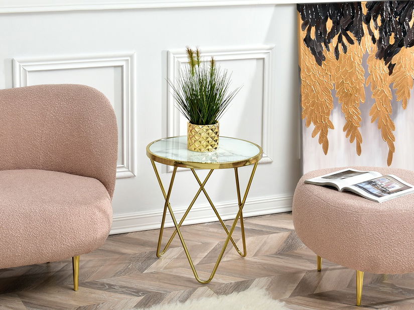 Konferenční stolek Armin S (bílý mramor + zlatá)