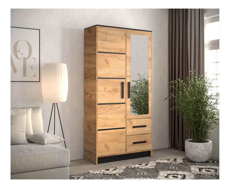 Šatní skříň 103 cm Marine (se zrcadlem) (dub craft zlatý + černá)