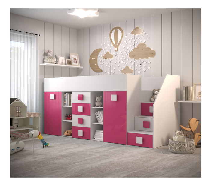 Dětská kombinovaná postel 90 cm Toreno 3 (bílá + bílý lesk + růžový lesk) (P)