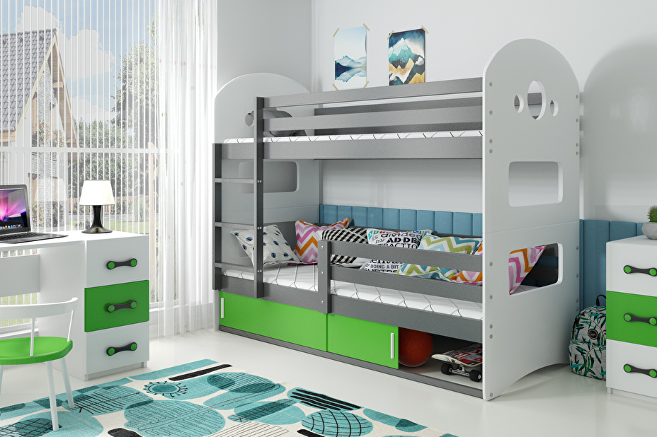 Patrová postel 80 x 160 cm Domur (grafit + zelená) (s rošty, matracemi a úl. prostorem)