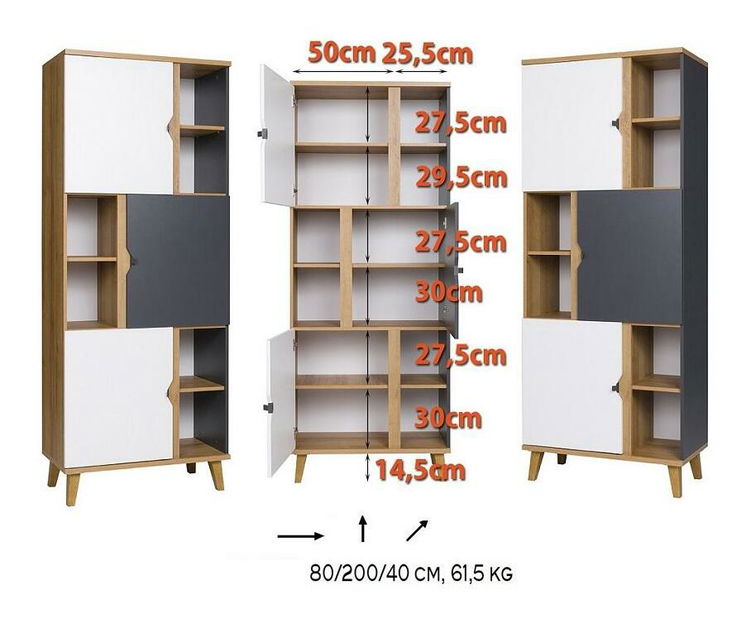 Policová skříň Mimone R3D (dub zlatý + bílá matná + grafit)