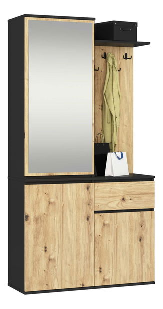 Předsíňová sestava Enteruno (černá + dub artisan) (se zrcadlem)