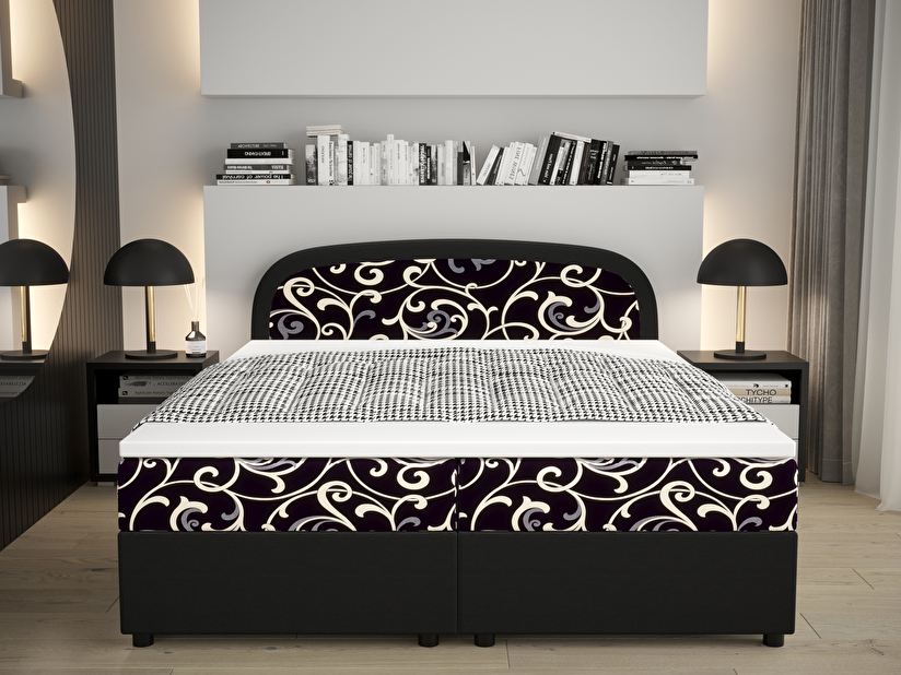 Manželská postel Boxspring 180 cm Brick (černá + vzor květ) (s matrací a úložným prostorem)