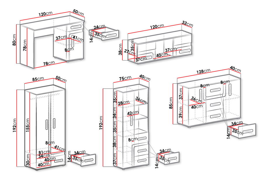Nábytek do studentského pokoje Petanata XV (antracit + bílá)
