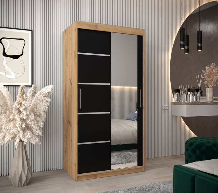 Šatní skříň 120 cm se zrcadlem Verika 2 120 (dub artisan + černá)