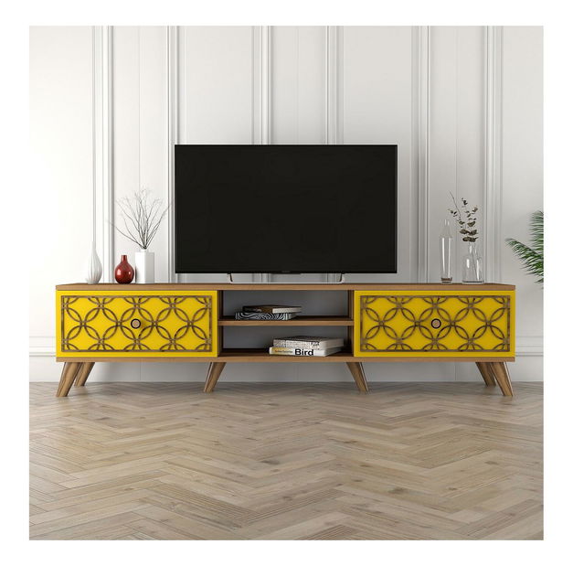 TV stolek/skříňka Clara (ořech + žlutá)