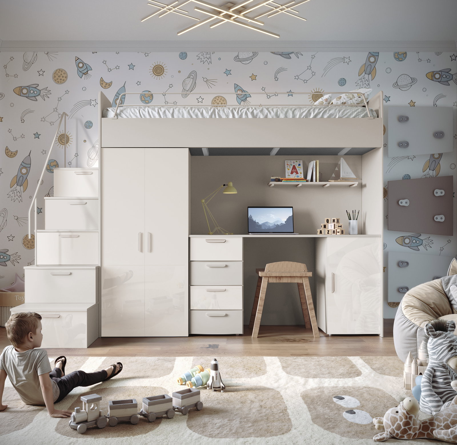 Dětská postel Ruby IV S (kašmír + lesk bílý) (s rošty)