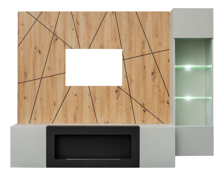 Obývací stěna Xavus G-K (perla grey + dub artisan) (s osvětlením) (s bio krbem)