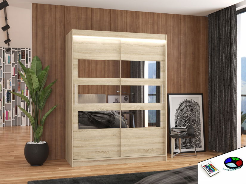 Šatní skříň Fioren (dub sonoma) (s led osvětlením) (se zrcadlem)