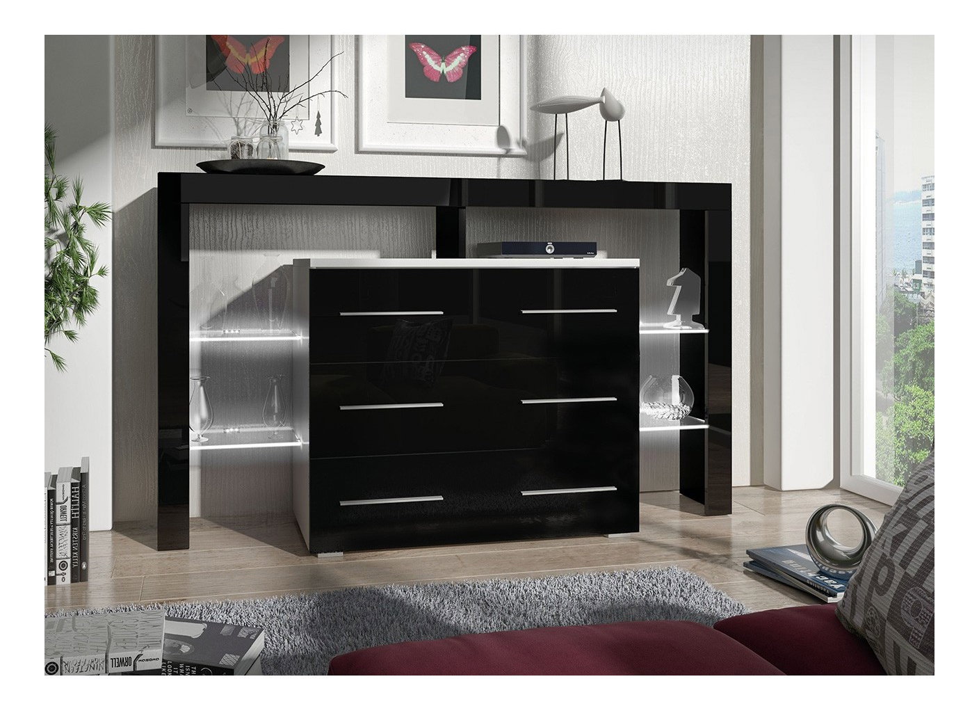 Komoda Raven (bílá + černá lesklá)