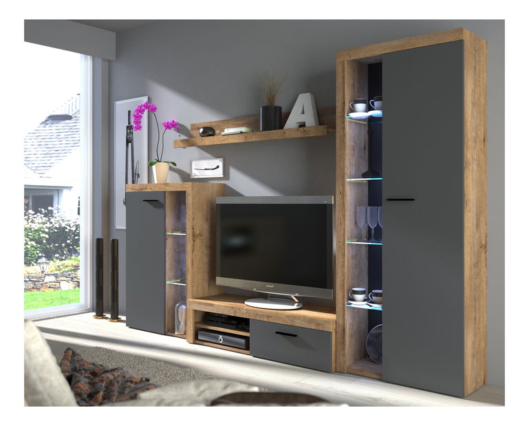 Obývací stěna Rudby (dub lefkas + grafit) (bez osvětlení)