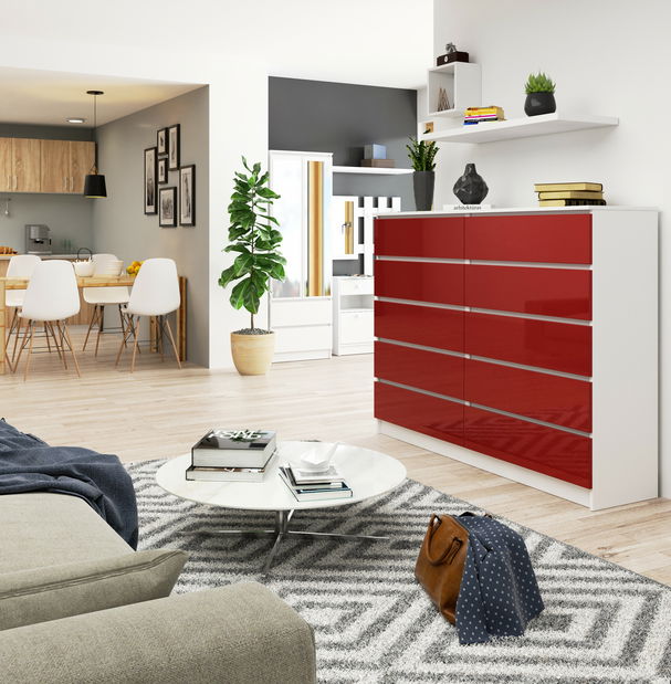 Komoda Kurtinaitis 10SZ (bílá + lesk červený)
