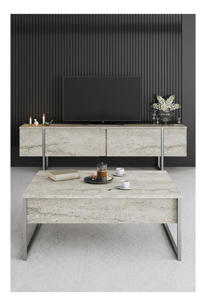 TV stolek/skříňka Luna (travertin + stříbrná)