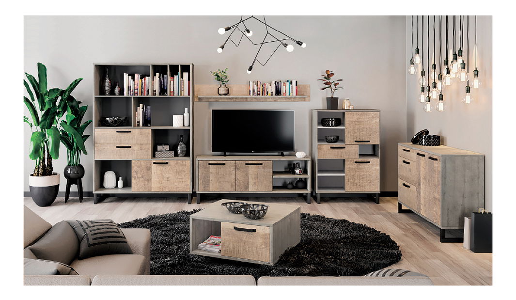 Vitrína Bennie (šedá + dub pískový)