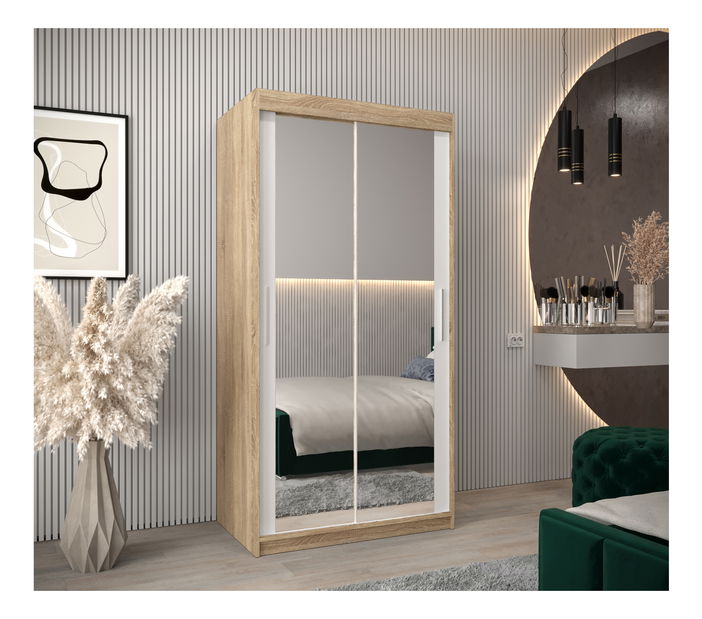 Šatní skříň 100 cm Toki 3 (Dub sonoma + Bílá matná)