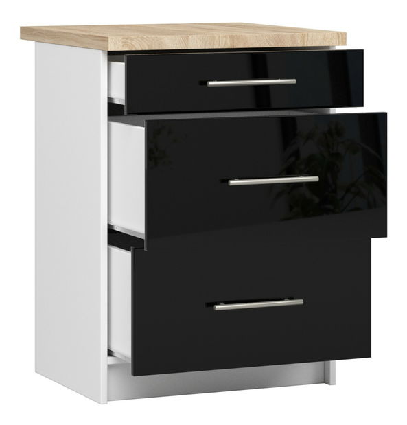 Dolní kuchyňská skříňka Ozara S60 3SZ (bílá + černý lesk)