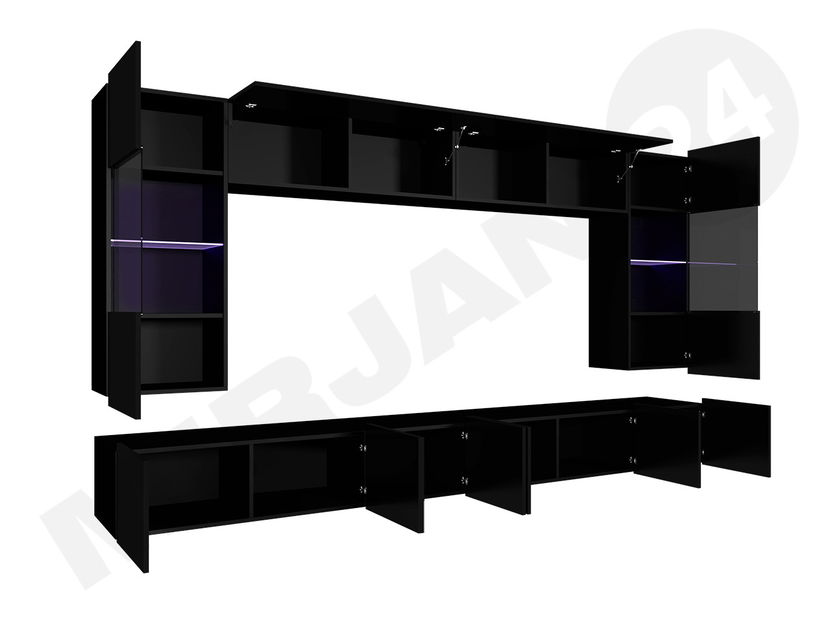 Obývací stěna Brolani I (dub zlatý + bílá + lesk bílý) (s modrým LED osvětlením)