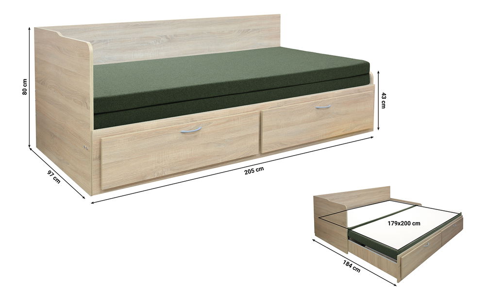 Rozkládací pohovka Menetas (dub pobřežní + tmavě zelená) (s roštem a matracem) (s úl. prostorem)
