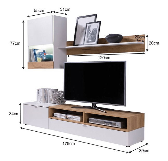 Obývací stěna Reynard (bílá + dub zlatý)