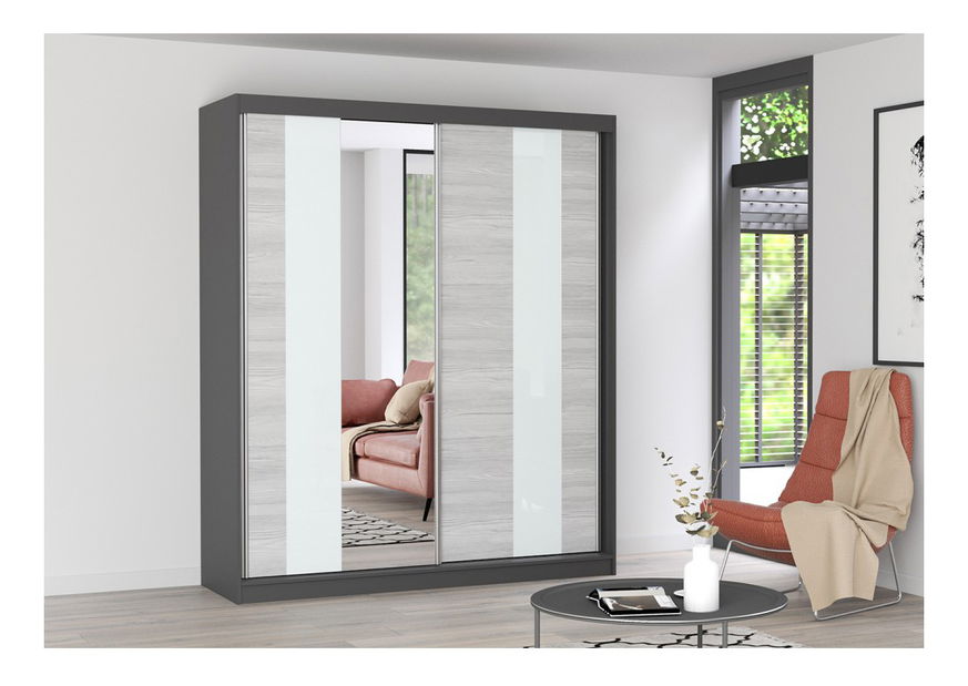 Šatní skříň Mebur 32 180 (grafit + kathult + bílé sklo + zrcadlo)