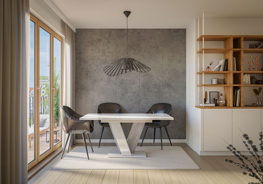 Jídelní stůl Venag (lesk bílý + kámen) (pro 4 až 6 osob)