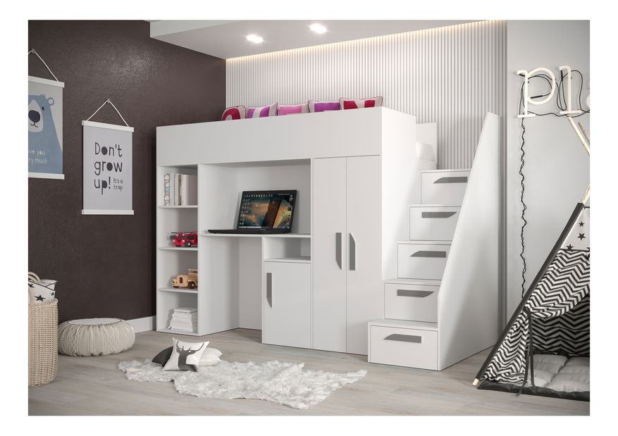 Dětská kombinovaná postel 90 cm Puro 14 (matná bílá + bílý lesk + šedé úchytky)