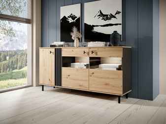 Vitrína Madeira 3D (dub artisan + černý antracit)