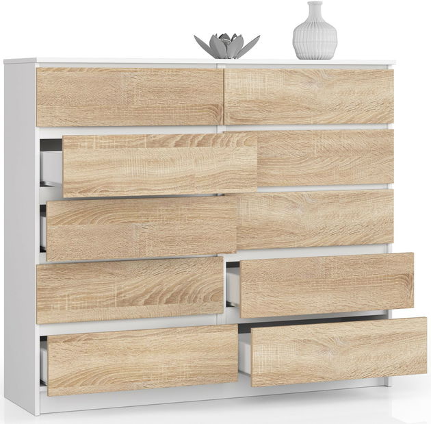 Komoda Keanu V (bílá + dub sonoma)