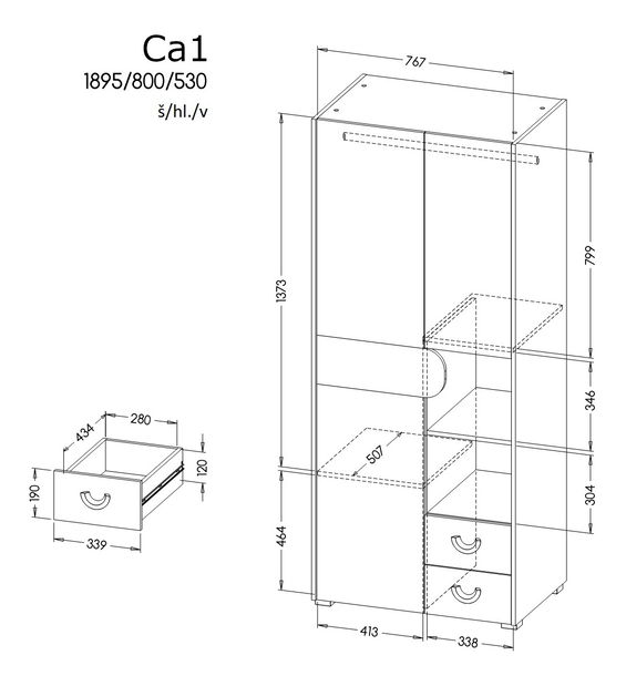 Komoda typ CA1 Caryl (světlý grafit + lesklá bílá + dub nash)