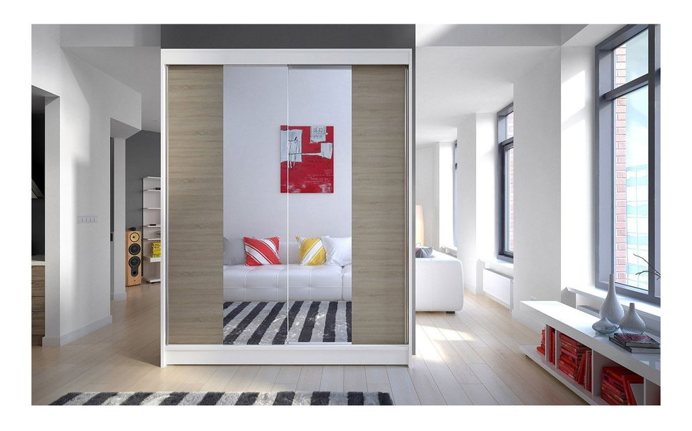 Šatní skříň Bianca I (bílá + sonoma + zrcadlo)