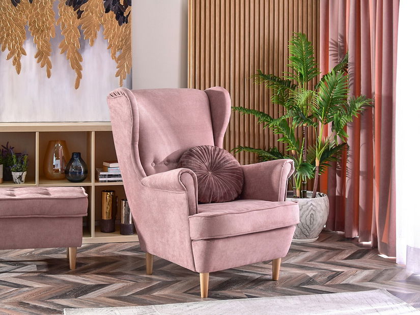 Křeslo ušák Margis (pudrová růžová + ořech)