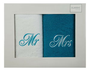 Sada ručníků 50x90 cm Mr Mrs (bílá + tyrkysová)