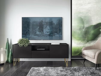 TV stolek/skříňka Harvest RTV144 (grafit černý + mramor black royal + zlatá)