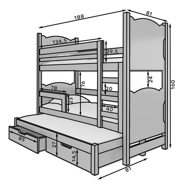 Patrová dětská postel 180x75 cm Lukrece (s roštem a matrací) (borovice + šedá)
