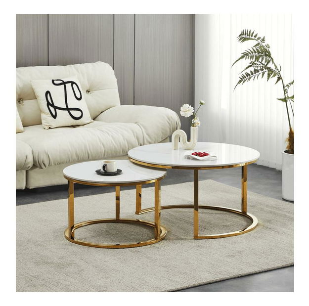 Set 2ks konferenčních stolků Disponer (mramor světlý + zlatá) *výprodej