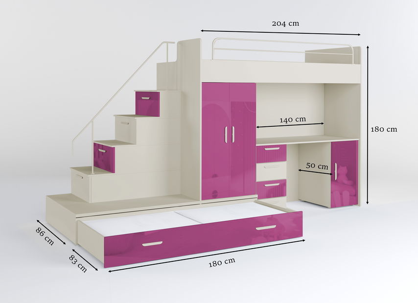 Dětská postel Ruby V (kašmír + lesk růžový) (s rošty)