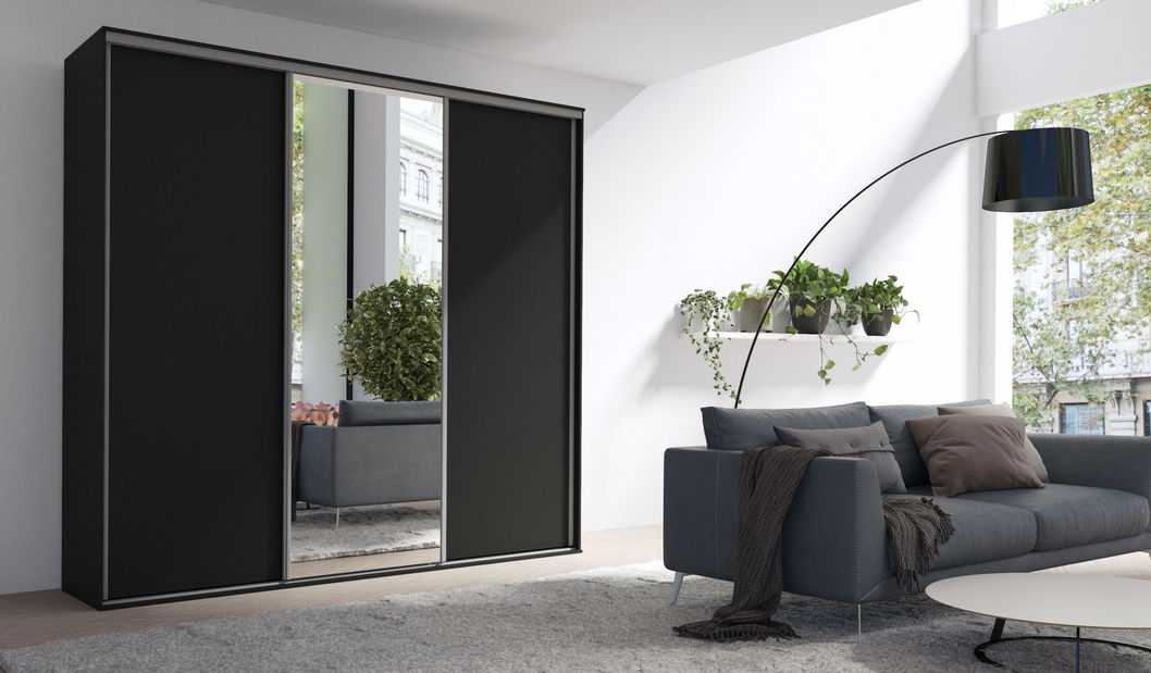 Šatní skříň s posuvnými dveřmi Gantera 2 B (černá) (se zrcadlem)