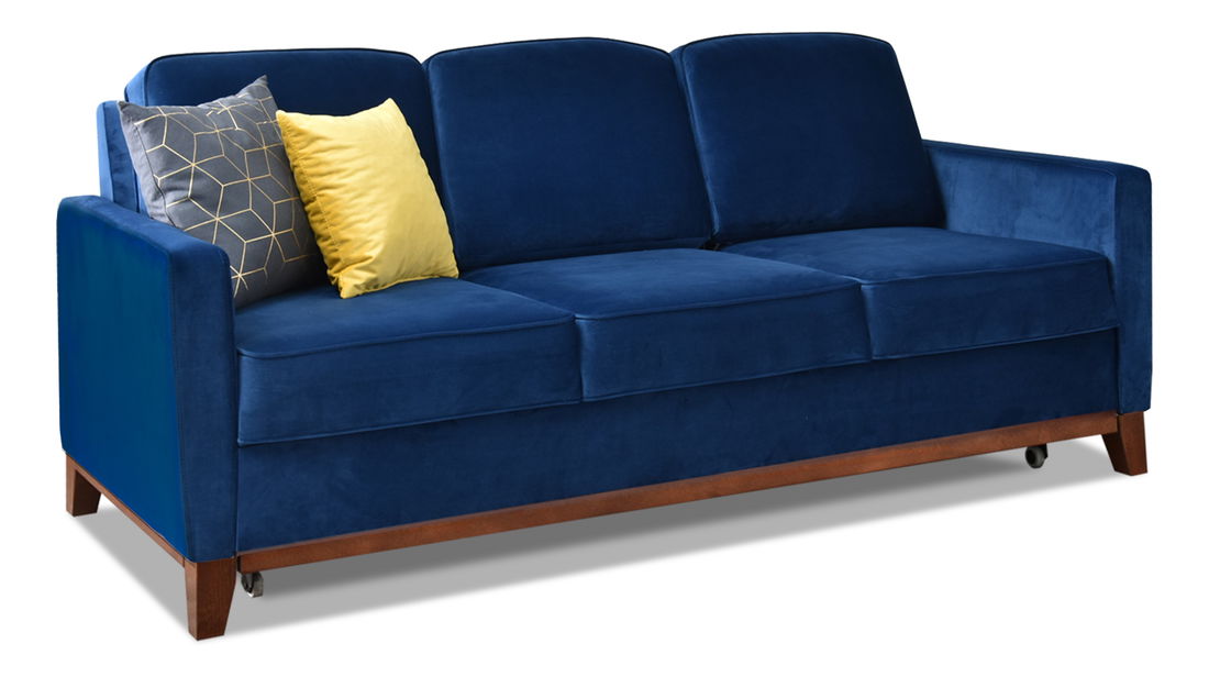 Pohovka dvousedačka Biblioteca (tmavě modrá + ořech)