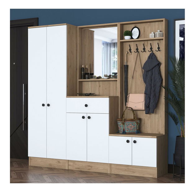 Předsíňová stěna Pixie 3 (bílá + ořech) (se zrcadlem)